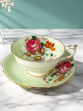 Vintage Paragon Mint Green Cabbage Rose Bouquet Tea Cup and Saucer